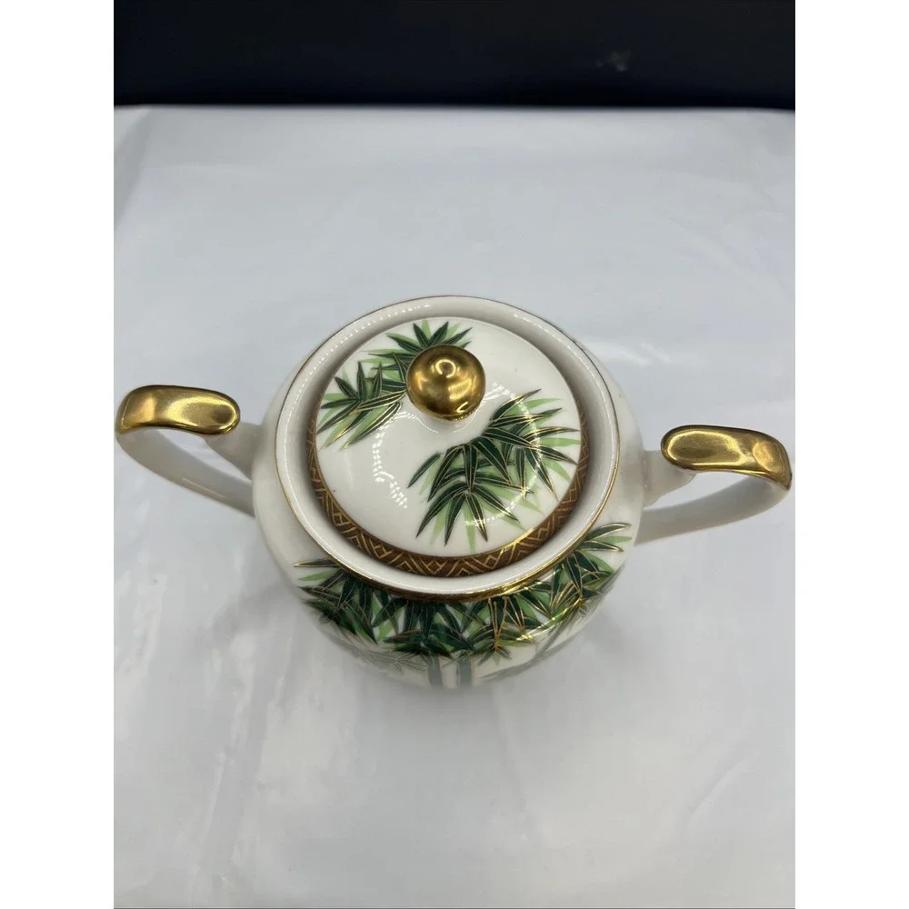 Vtg Hakusan China Covered Sugar Bowl Hand Painted Green Bamboo Gold Trim Japan